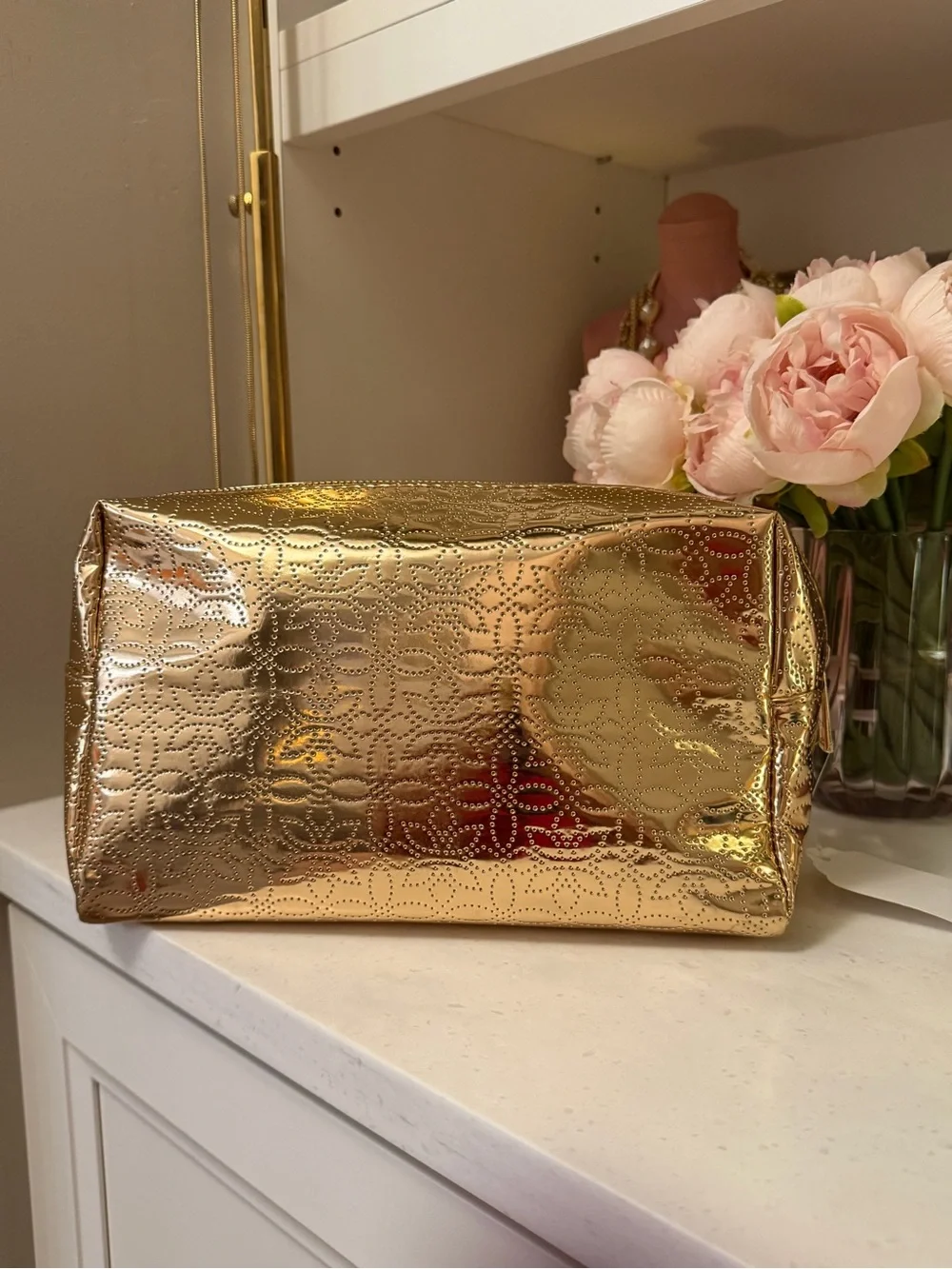 Sparkling Gold NWT Metallic Floral Embossed Women's Cosmetic zipper Pouch